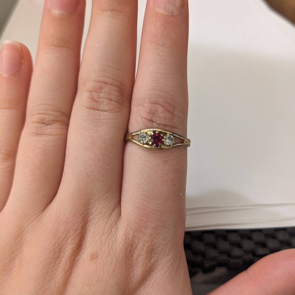 Gold Coloured Ring with Silver and Red Stones